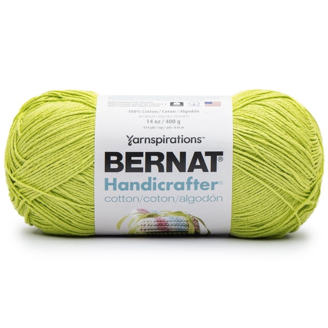 Bernat® Handicrafter® Fil, Coton #4 Moyen, 14oz/400g, 710 Verges en Vert lime Vif, un Écheveau Serré de Fil de Coton Cultivé 100 % aux É.-U. de Poids Moyen avec une Étiquette Blanche Présentant un Texte Noir et Bleu et une image de Chiffon Tricoté, Idéal pour des Projets de Tricot et de crochet à la Maison et Lavable à la machine pour un Entretien Facile.