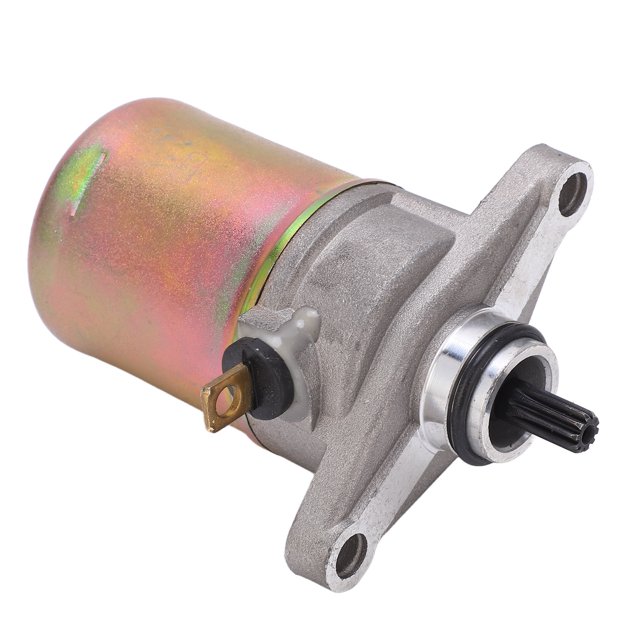 Replace Electric Starter Motor by Estink, designed for GY6-50/60/80cc engines in scooters, go-karts, ATVs, UTVs, and motorcycles. Made of durable metal with 10 teeth for enhanced performance and safety. Features a compact design with a metallic finish and easy installation for seamless replacement.