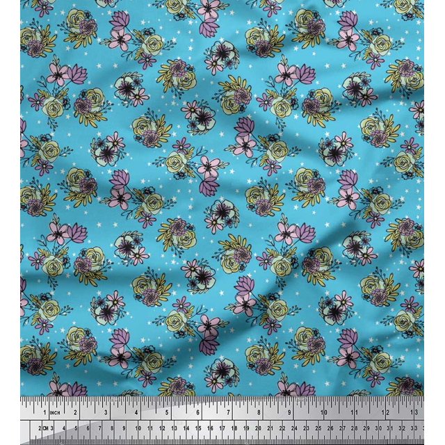 Soimoi Tissu en Poly Georgette Imprimé Étoile, Feuilles & Roses au Mètre 42 Pouces de Large