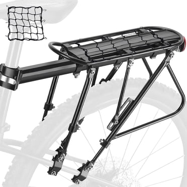 Semfri Bike Rack Universal Adjustable Bike Luggage Rack Travel Carrier with Quick Release Heads, Reflective Logo and Bandage Cargo Net Large Protective Side Wings Holds 220lb - Black