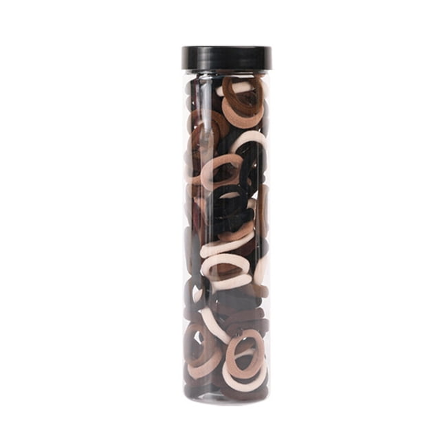 TIMIFIS Hair Ties 100PCS Hair Rope Hair Rings with good elasticity and durability, shown in a transparent cylindrical container with a black lid. The hair ties come in assorted neutral colours, including black, brown, and beige, and are designed to hold hair securely without causing damage. Suitable for daily use, workouts, and various occasions.
