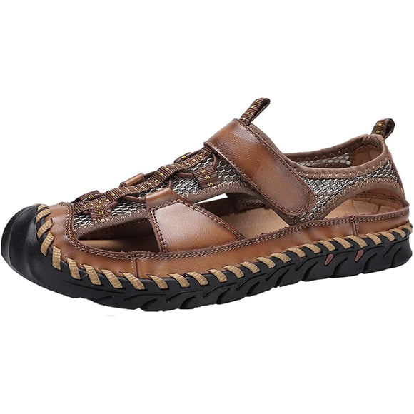 Mens Summer Breathable Sports Sandals Leather Hiking Comfortable Slippers Closed Toe Outdoor Casual Fisherman Shoes Yellow 11 US