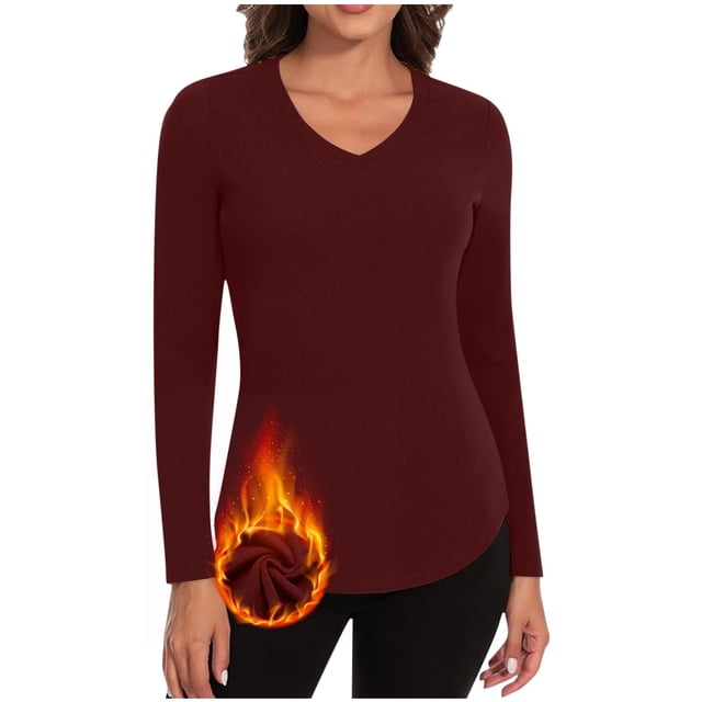 Timegard Womens Tops Fleece Lined Comfy Skinny Tops V Neck Thermal Underwear Fall Winter Solid Color