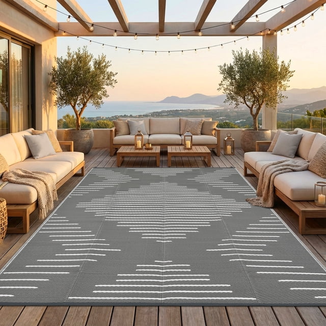 Nanan 9x12 Modern Geometric Outdoor Rug, All-Weather Waterproof Patio Mat, UV Resistant, Stain Resistant, Easy Clean Plastic Rug for Yard, Deck, Balcony, Camping,Gray White