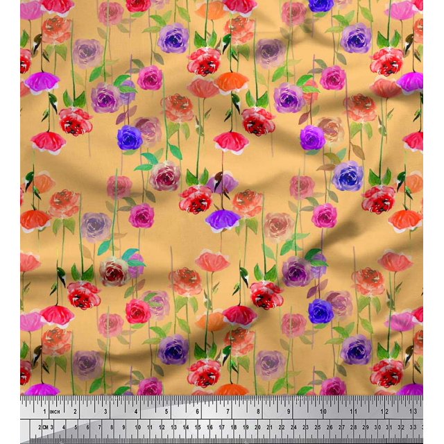 Soimoi Tissu en Voile de Coton Feuilles & Roses Imprimé Floral Tissu au Mètre 56 Pouces de Large