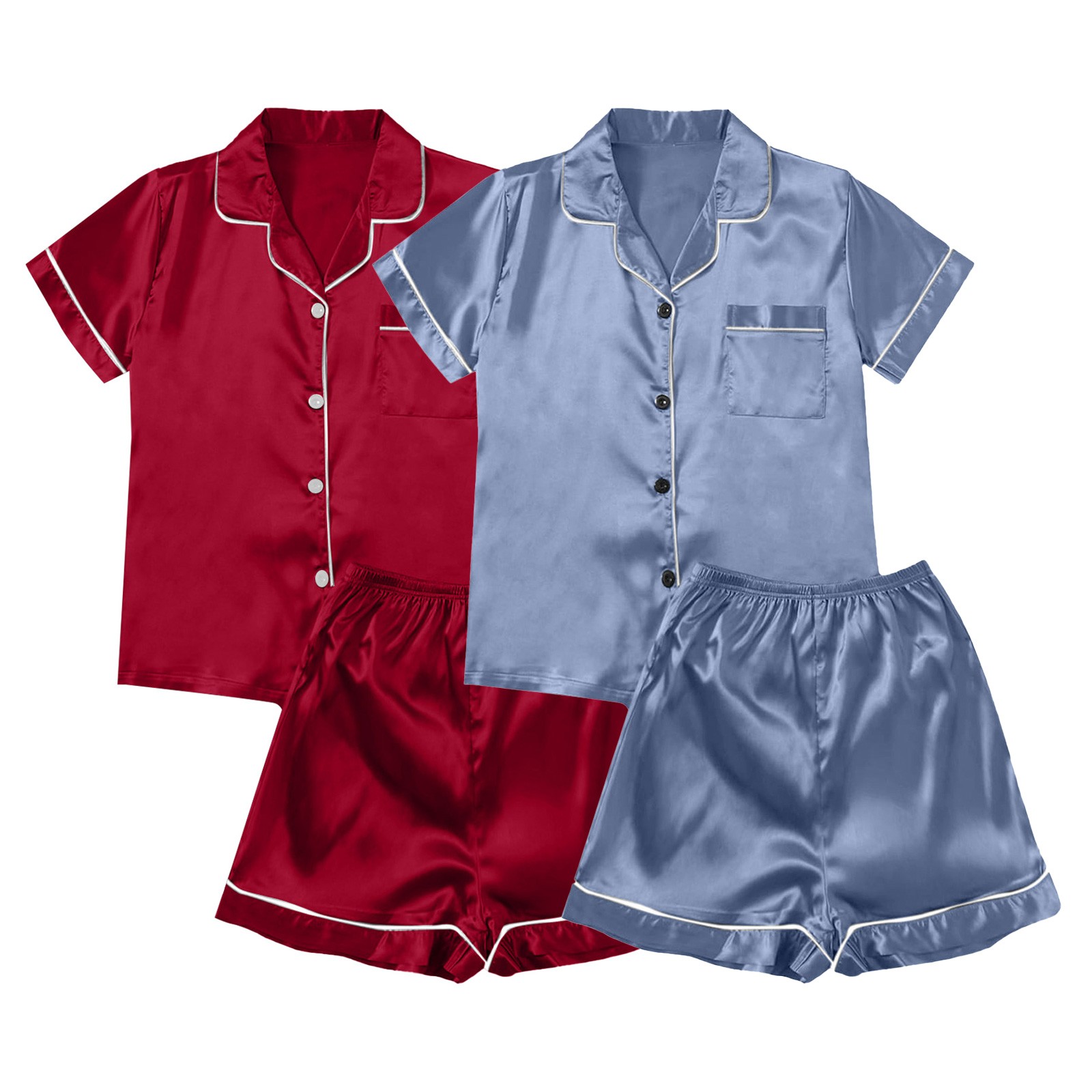 ZJXFGS Sleepwear for Women, Women Pajamas, Satin Pyjamas Women's Short 4 Piece Pyjamas Short Sleeve Sleepwear and Shorts Set Women Leisure Suit Loungewear, Short Pajama Set for Women Blue XL