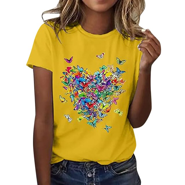 JIRNDf Hauts d'Été pour Femmes T-Shirts Tendance Décontractés Col Rond Manches Courtes Imprimés Stylés Confortables Mignons T-Shirts Graphiques pour Femmes Chemises Jaune TG