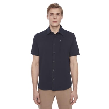 Dark Black Men's 4 Way Stretch Jaquard Mesh Knit s/s button down shirt