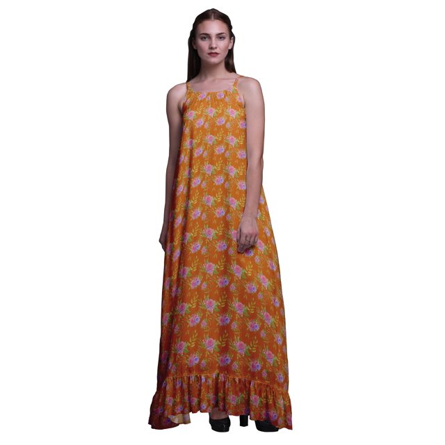 Bimba Robe de Nuit Orange à Feuilles Florales et Roses Imprimées pour Femmes Longue à Bretelles Spaghetti Robe Maxi Vêtement de Nuit Robe XX-Grand