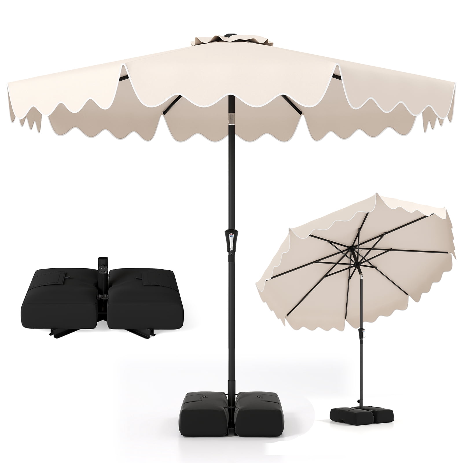 Costway Parasol de Patio 9 Pi avec Sacs de Sable à Base Lestée, Inclinaison à Bouton-Poussoir, Manivelle, Nervures Robustes, Beige