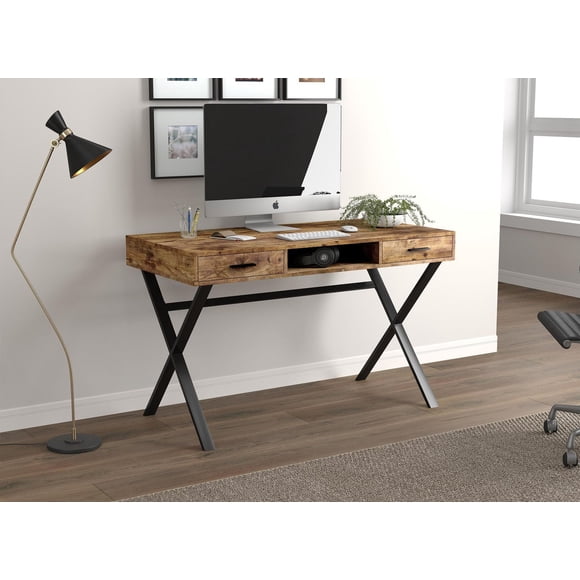 Safdie & Co. Bureau 47L Bois Brun Récupéré 2 Trroirs 1 Étagère Metal Noir