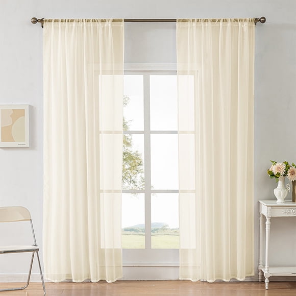 Sheer Curtains, Staron 2026 Lightweight Translucent Rod Pocket Curtains, Solid Color Polyester Sheer Drapes for Living Room Bedroom Machine Washable, Beige