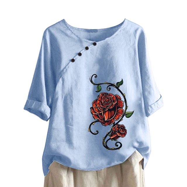 CHUANK Hauts pour Femmes en Liquidation à Moins de 10$ Hauts pour Femmes Décontractés Printemps Été Manches Longues Coton Lin Imprimé Graphique Pissenlit Col Rond Blouses Vintage Grande Taille