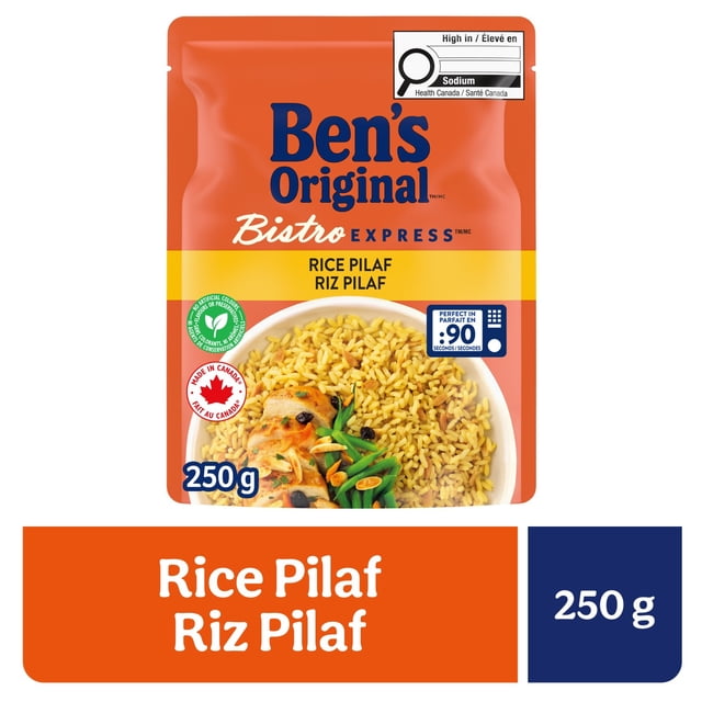 BEN'S ORIGINAL BISTRO EXPRESS Pilaf Rice Side Dish, 250g Pouch front-facing microwavable pouch with Ben's Original branding and product photo; long-grain parboiled rice with orzo, chicken broth, herbs and seasonings, BPA-free microwavable pouch cooks in 90 seconds; pairs with salmon or other proteins and is suitable for meal-prep bowls.
