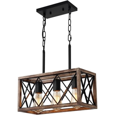 Farmhouse Kitchen Island Lighting, 3 Lights Pendant Lighting Fixtures, Adjustable Height, Industrial Dining Room Light for Living Room Foyer Dining Table Over Sink. (Wood Grain Color)
