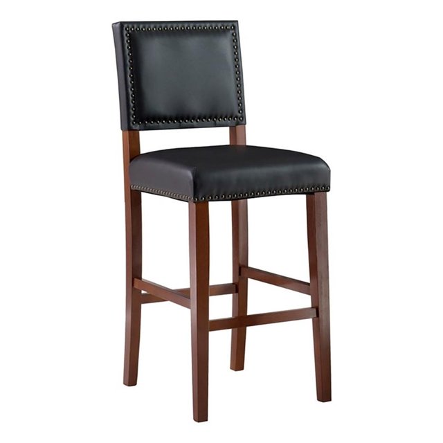 Hawthorne Collections 30" Faux Leather & Wood Bar Stool in Black/Cherry Stain