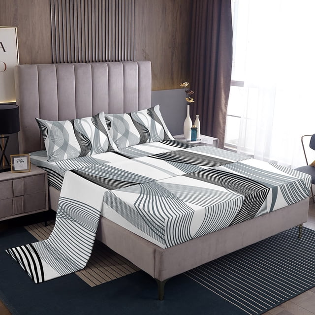Erosebridal Light Blue Abstract Bed Sheets Set King Size, Chic Minimalism Bed Sheets King, Geometric Stripe Decor