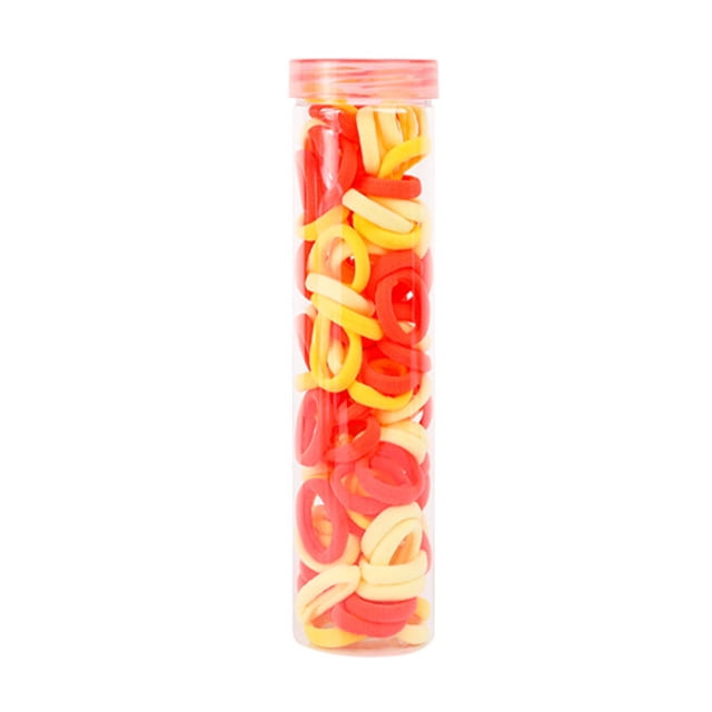 TIMIFIS Hair Ties 100PCS Hair Rope Hair Rings with good elasticity and durability, displayed in a transparent cylindrical container. These red and yellow elastic bands are soft and designed to prevent hair damage, making them ideal for hair styling, workouts, and daily use. A versatile hair accessory for various occasions.