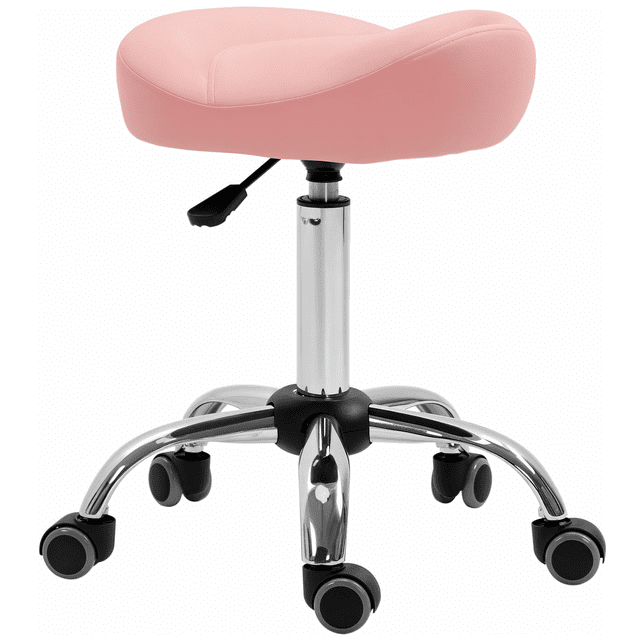 HOMCOM Tabouret Selle en Cuir PU à Hauteur Réglable, Chaise de Salon Roulante Rose. Doté d'Un Siège Élégant Style Selle avec design Ergonomique, Rembourrage Rembourré et Housse en Cuir PU Souple. la Chaise Comprend un Mécanisme à Hauteur Réglable, une base en Acier Robuste avec un Siège Rotatif à 360°, et Cinq Roulettes à Roulement Fluide pour la Mobilité. Convient aux Bureaux à Domicile, salons, salons de Beauté et Plus. Dimensions : 18,9 Pouces de Large, 18,9 Pouces de Profondeur, et Hauteur Réglable de 21,7 à 28 Pouces.