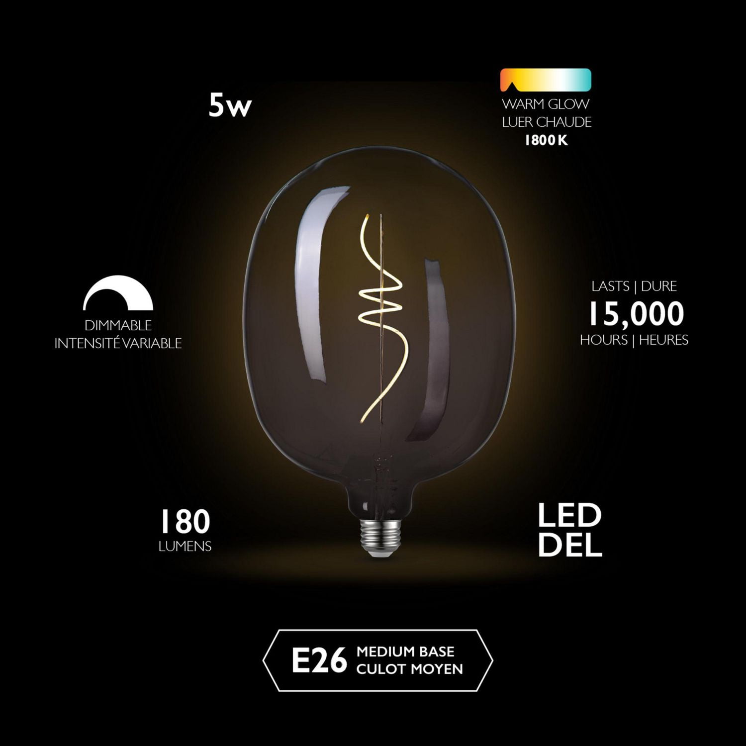 Globe Electric Luxe Luxury Oversized Smoked Glass LED Filament Light Bulb, 5 Watts (25 Watt Equivalent), Gradient Smoked Glass Design, Oval Shape, E26 Base, 1800 Kelvin, 180 Lumens, 15 000 Hour Lifesp