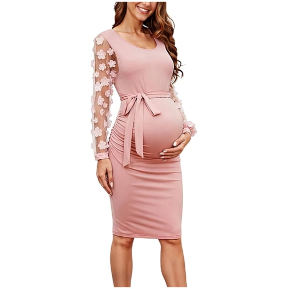 WUANDIXFA Pregnancy Dress Maternity Dress Rib Knit Long Sleeve Dresses with Side Slit Pregnancy Clothes Pink,M