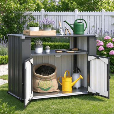 AECOJOY Weatherproof Outdoor Storage Table with Cabinet, Stainless Steel Prep Top & Lockable Swivel Wheels