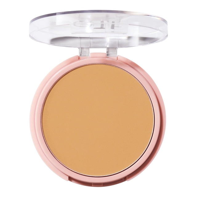 e.l.f. Cosmetics Halo Glow Powder Filter in a round, light pink compact with a clear hinged lid, featuring a warm beige pressed setting powder that blurs pores, reduces shine, and is crease-resistant for a long-lasting soft-focus glow.