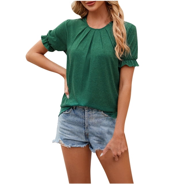 KIHOUT Nouveaux Hauts de Mode d'Été pour Femmes 2024, Mode pour Dames Décontractée Couleur Unie Manches Courtes Col Rond Blouses Chemises Vert Armée TG