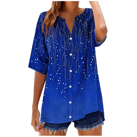 Women's Loose Button Down Shirts Trendy Summer Half Sleeve Tops V Neck Vintage Printed Blouse Plus Size Tees