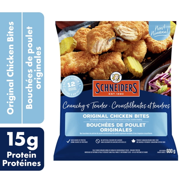 Schneiders Original Chicken Bites package showing fully cooked, breaded boneless skinless chicken breast bites with crispy golden breading, served with pickle slices and coleslaw, highlighting 15g protein per serving and air fryer ready in 12 minutes for a convenient frozen snack.