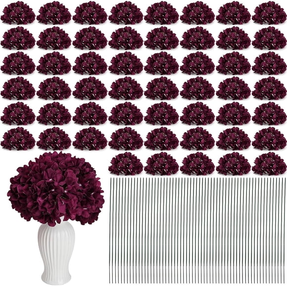 Burgundy Hydrangea Artificial Flowers, 104 PCS Faux Hydrangea Flowers Heads with Stems, Silk Realistic Hydrangea for Wedding Centerpieces Home Garden Baby Shower Party Decoration