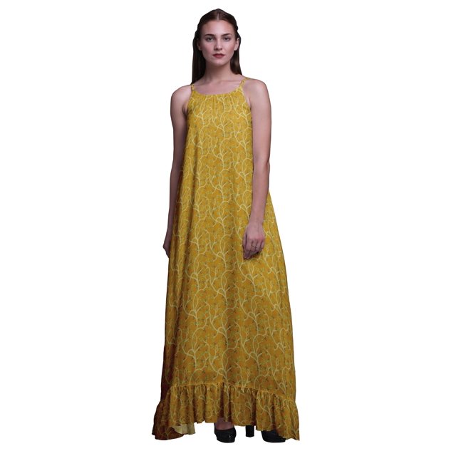 Bimba Robe de Nuit Longue à Bretelles Spaghetti Imprimée de Feuilles de Verge d'Or et de Bleuets pour Femmes, Robe Maxi de Sommeil, Petite