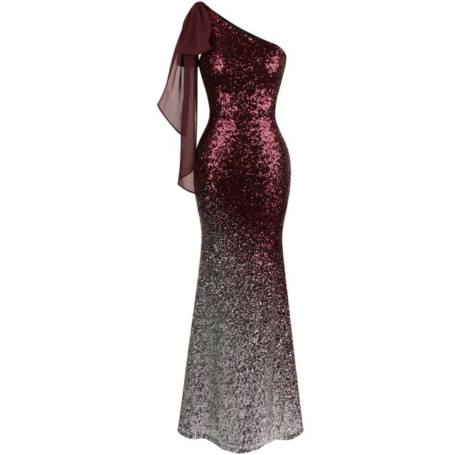 Angel-fashions Women's Asymmetric Ribbon Gradual Sequin Mermaid Prom Dress