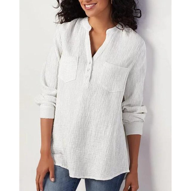 Chemises à Col en V Unies pour Femmes avec Poche en Coton et Lin, Blouses Amples, Hauts