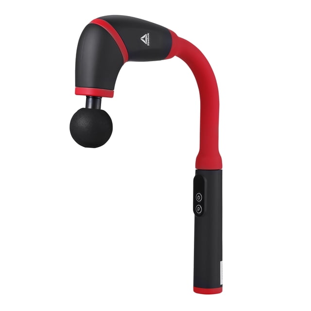 Reebok Reach Pulse Pro Percussion Massager with an extended curved red handle and black body, featuring a round black massage head and two control buttons. Cordless design with adjustable speeds and modes for targeted muscle relief on shoulders, neck, and back.