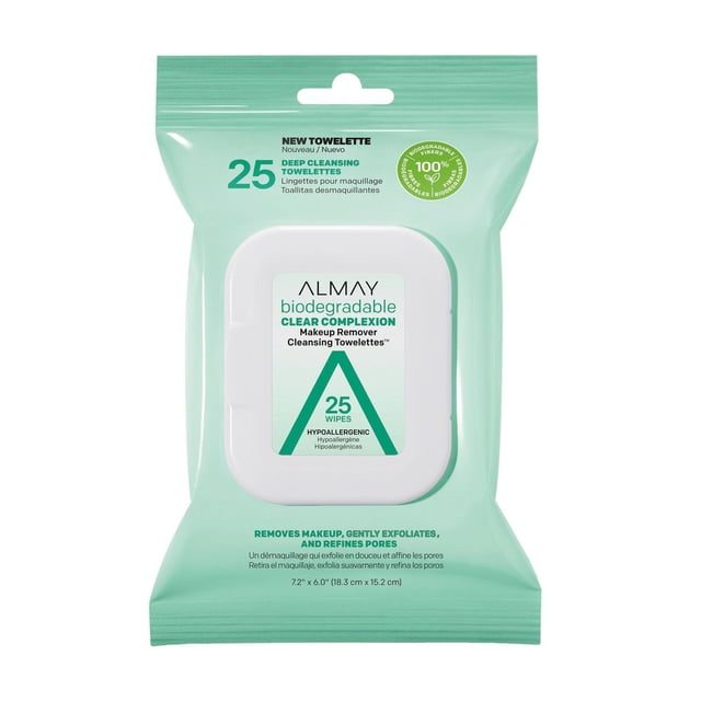 Almay Biodegradable Clear Complexion Makeup Remover Cleansing Towelettes, 25 wipes in a mint green resealable pack with a white plastic lid, formulated for deep cleansing, gentle exfoliation, and pore refinement, ideal for oily and acne-prone skin and facial cleansing on the go.