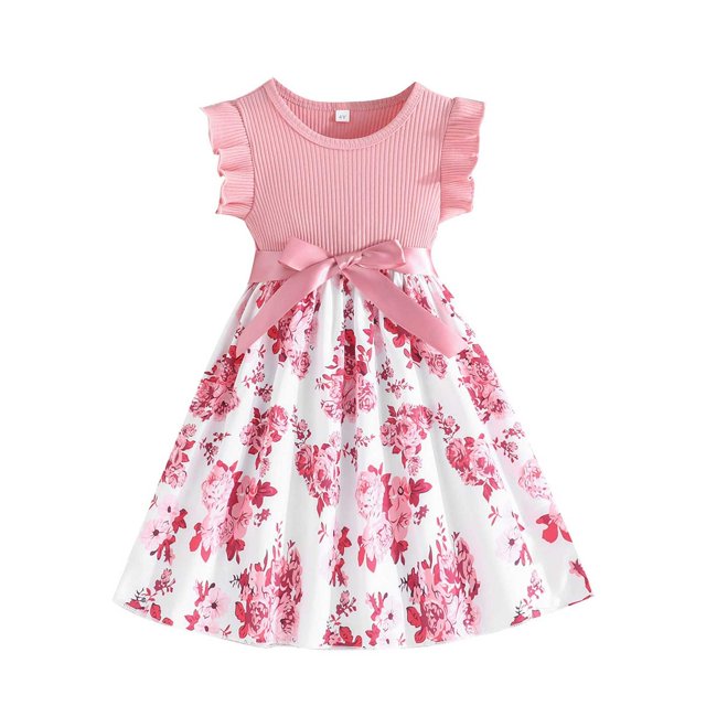 LUOGENLI Robe Codkkre Robe pour Filles Fleurs Nœud Papillon Robes pour Enfants Manches à Volants Robe Trapèze pour Filles Été Pâques Robe pour Filles Col Rond Robe pour Filles en Denim Fluide 3-4 Ans