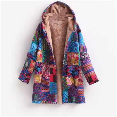 Simua Manteaux et Vestes Duveteux en Coton et Lin pour Femmes, Boho, Fleurs, Imprimé Floral, Doublés en Molleton, à Capuche, Chauds, Amples, d'Hiver