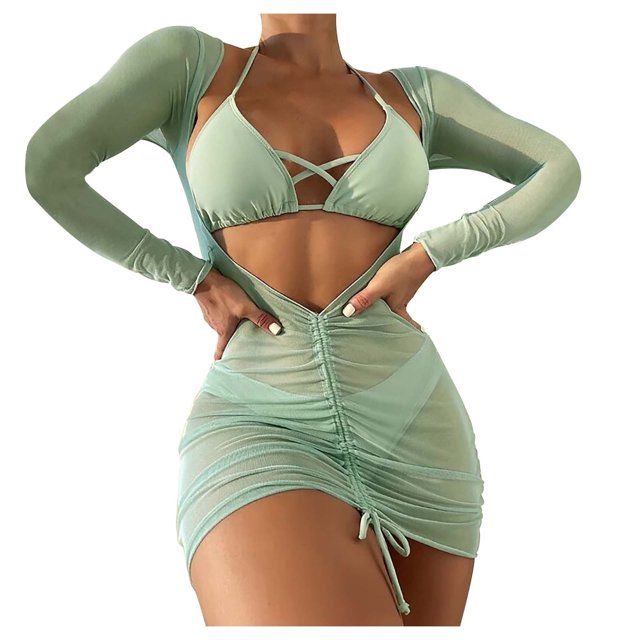 EGNMCR Bikini Set Women's Solid Bikini Strap Bikini Deep V Split Swimsuit Set Three-piece Swimming Suit