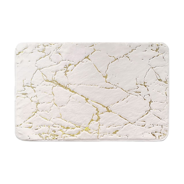 Dvkptbk Bath Mat Cobblestone-Embossed Bathroom Bath Mat with a rectangular design, white surface, and gold marble-like pattern. Made of coral fleece and memory foam for softness and comfort. Features non-slip PVC backing for stability on tile or wooden floors. Ideal for bathrooms, bedrooms, powder rooms, and bathroom rug sets.