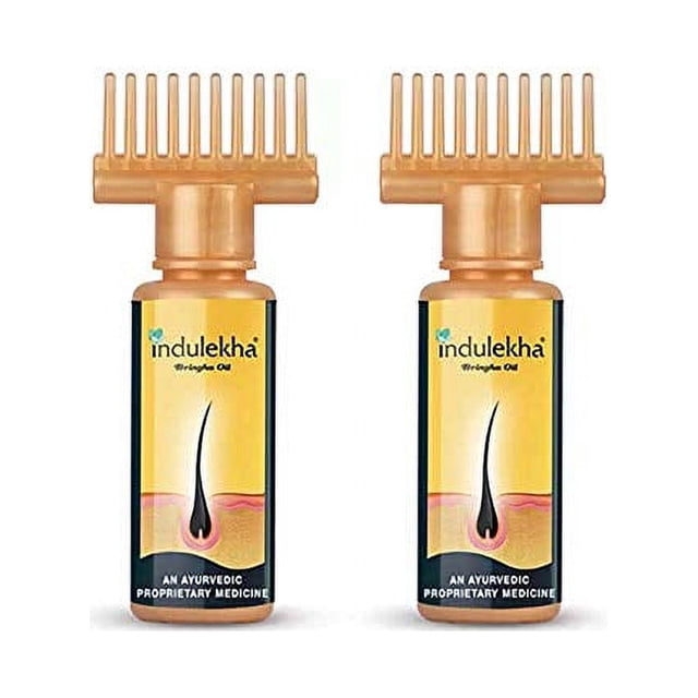 Indulekha Bhringa Hair Oil, 100ml (Pack of 2), featuring two bottles with comb applicator attachments for precise scalp application. This Ayurvedic hair treatment includes bhringraj, amla, neem, aloe vera, and virgin coconut oil to reduce dandruff, prevent hair fall, and promote healthy hair growth.