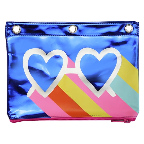 Pen+Gear Étui à crayons de classeur à 3 anneaux motif lunettes cœur, PU bleu métallisé et polyester bleu, le collège et l’école secondaire