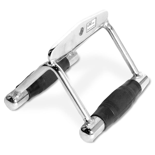 CAP Deluxe Double-D Handle Cable Machine Attachment with solid steel frame, diamond knurled rubber grips, and chrome plated finish, measuring 7 by 6 by 5 inches, designed for low row and upright row exercises on home gyms and Smith machines, also suitable for targeting back and upper body muscles.