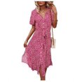 thumbnail image 4 of Robe Midi Boutonnée pour Femmes Manches Courtes Imprimé Floral Ceinturée Chemise Ample Jupe Mode Urbaine Rose Rouge S, 4 of 10