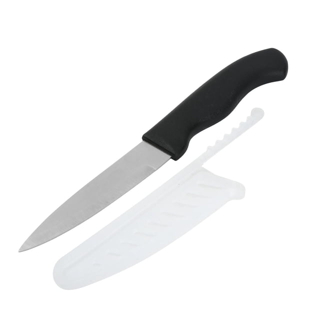 Mainstays Stainless Steel 3.5 inch paring knife with a black soft grip handle and white plastic blade cover, featuring a corrosion-resistant sharp blade for precise kitchenware cutting tasks and suitable for detailed food prep.