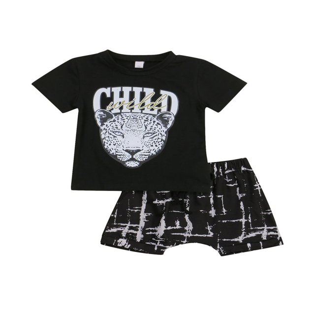 Summer Little Boys Outfits Set Leopard Printing Collar Short Sleeve Tops Shorts