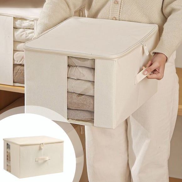 Et Boîte de Rangement en Lin Vêtements Tissu Transparente à Fenêtres Lavable Boîte de Rangement Pliable Fond Panneau en Plastique