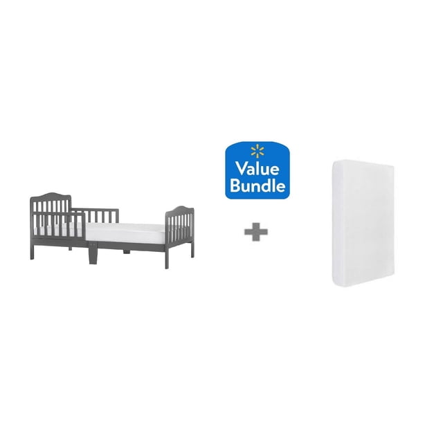 Concord Baby Finley Toddler Bed in grey with slatted headboard, footboard, and guardrails, paired with a white Twinkle Twinkle foam mattress featuring a waterproof vinyl cover, offered as a value bundle for toddler rooms.