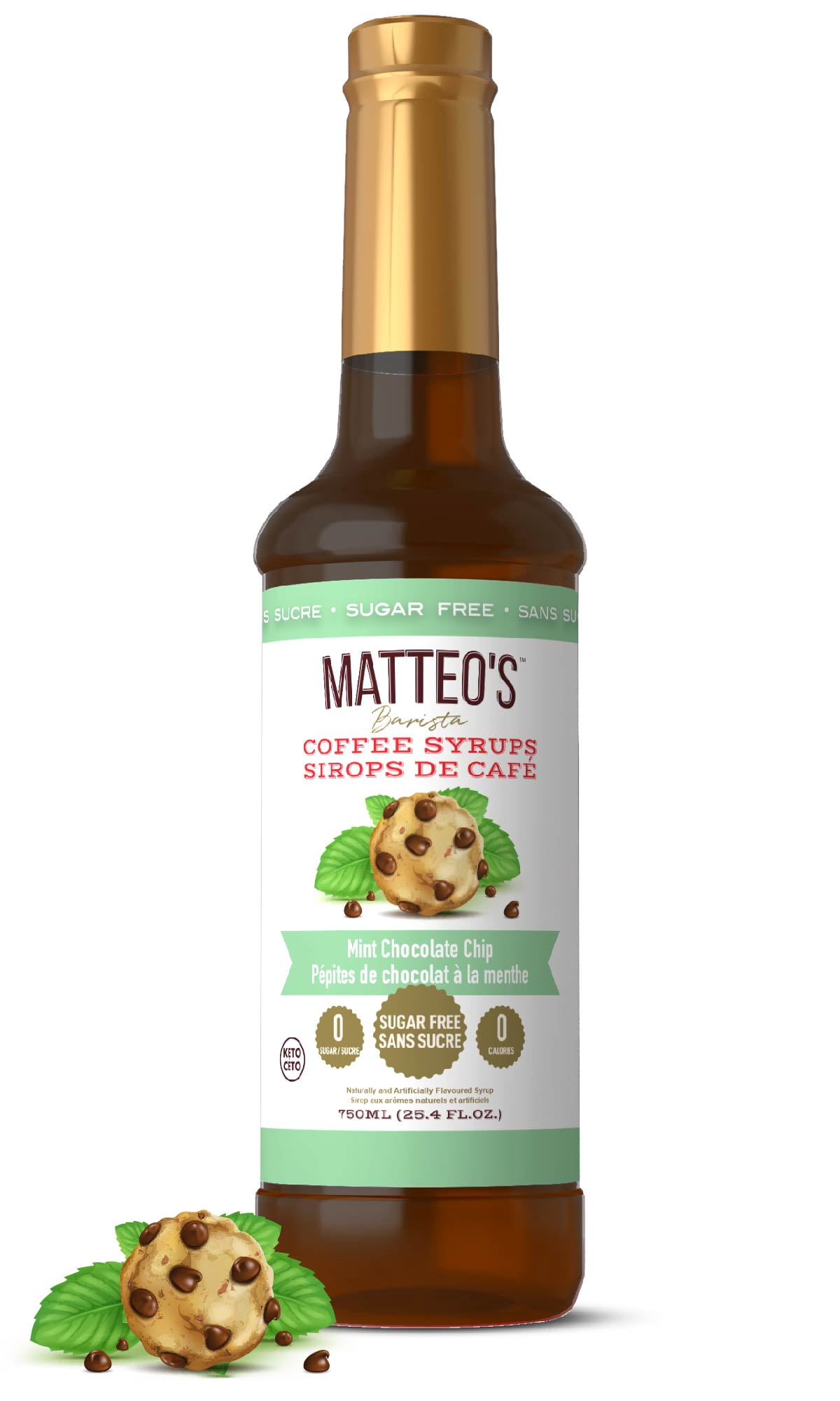 Matteo's Sugar Free Coffee Syrup, Mint Chocolate Chip, 750mL, 0 Calories, 0 Sugar, (Single Bottle)