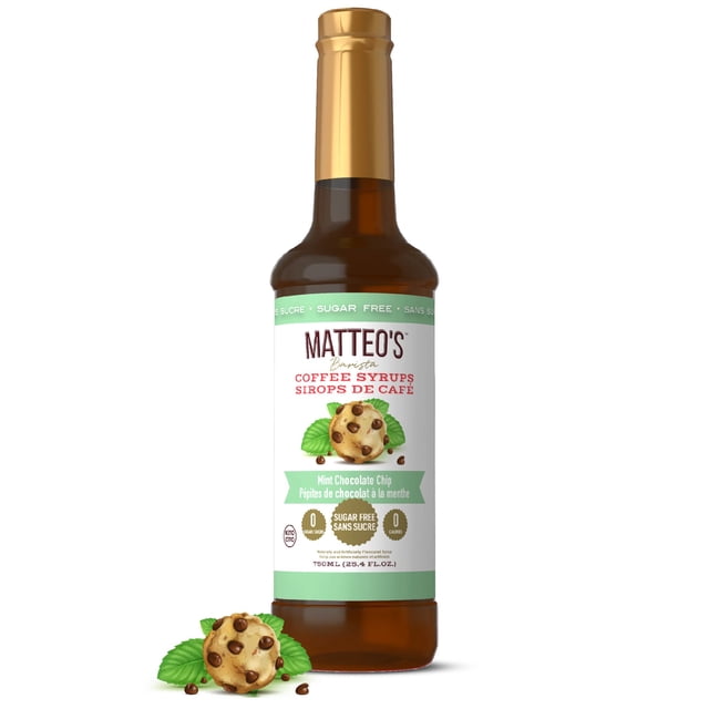 Matteo's Sugar Free Coffee Syrup, Mint Chocolate Chip, 750mL, 0 Calories, 0 Sugar, (Single Bottle)